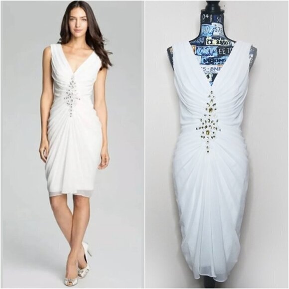 TADASHI SHOJI Embellished Chiffon V-Neck Dress Sleeveless Bridal Wedding Draped